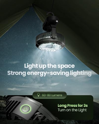 Gaiatop Portable Camping Fan with LED Lantern, Power Display 360° Head Rotation, Hanging Hook for Tent, 3 Speed Quiet Rechargeable Battery Operated USB Fans for Indoor Outdoor Travel Black