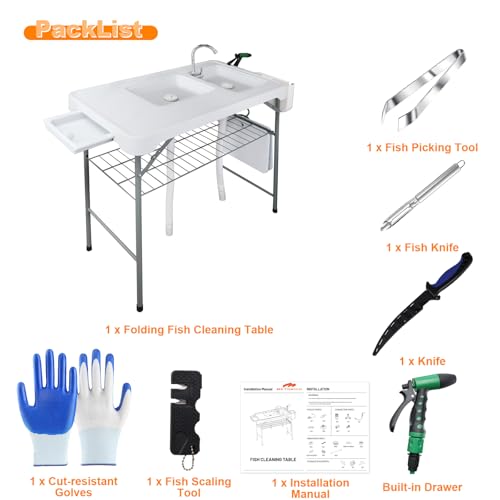 Fish Cleaning Table with 2 Sinks & Grid Rack - 42.5” Outdoor Fish Fillet Cleaning Station for Camping, Patio, Kitchen, RV & Beach