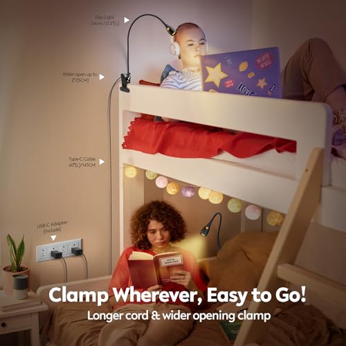 acegoo Minimalist Reading Light for Bed Headboard Dimmable Book Light Clip on Lamp with USB-C Adapter, Flexible Neck & Handy Lamp Head Switch, CRI 90+ - color: Black