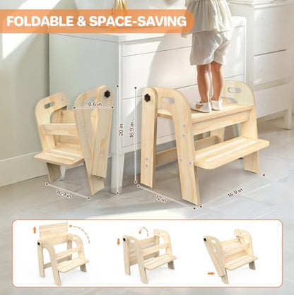 Wooden Toddler Step Stool, Foldable 2-Step Stool for Kids Bathroom Sink, Toilet Potty Training with Handles, Anti-Slip for Kitchen, Nursery, Bedroom(16.9 Wide)