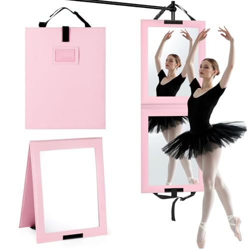 Shinowa Foldable Portable Full Length Mirror for Dancer, Camping and Travel, Shatter-Proof Acrylic Hanging Mirror with Handle, 33x13 Inch Full Body Travel Backstage Mirror, Pink - color: Pink