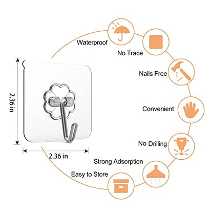 Adove Adhesive Hooks for Hanging, Heavy Duty Wall Hooks 20 Pack, Removable Sticky Ceiling Hooks, Transparent Self Adhesive Shower Hooks, Water & Oil Proof Strong 22lb(Max) Door Coat Hooks