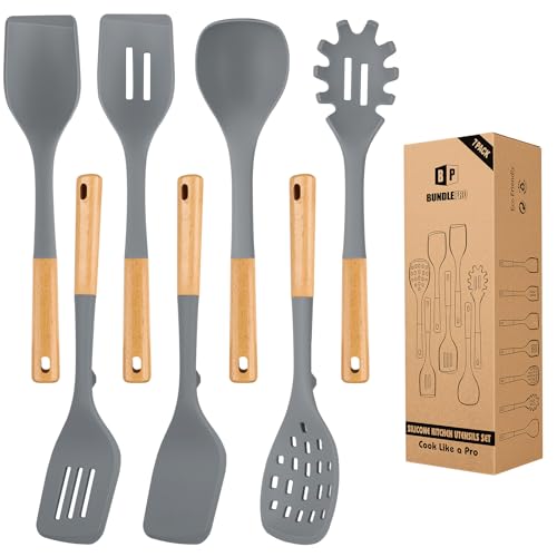 Silicone Kitchen Utensil Set for Non Stick Cookware, 7 Pcs Heat Resistant Cooking Utensils with Wooden Handle, BPA Free Kitchen Tools with Spatulas, Spoons, Skimmer and Pasta Fork (GRAY) - color: Gray
