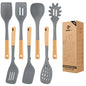 Silicone Kitchen Utensil Set for Non Stick Cookware, 7 Pcs Heat Resistant Cooking Utensils with Wooden Handle, BPA Free Kitchen Tools with Spatulas, Spoons, Skimmer and Pasta Fork (GRAY) - color: Gray