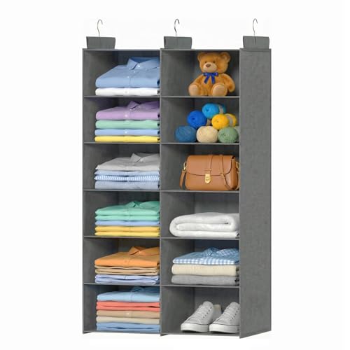 ALLTIDYUP Space-Saving Hanging Closet Storage Organizer – Dual-Row Foldable Shelves with 3 Hooks, 6-Tier Wardrobe Organizer for Dorm, Bedroom, Closet (Grey) - color: Grey, size: 6 Tier