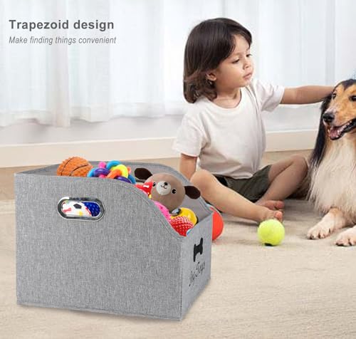 Large Collapsible Dog Toy Basket,Fabric Trapezoid Dog Toy Bin,Stable Dog Toy Storage Box with Metal Handle,for organizing Dog Puppy Toy Blanket Collar Clothes Snacks-Can be Personalized-Gray - size: 13.3''x14.9''x11.4