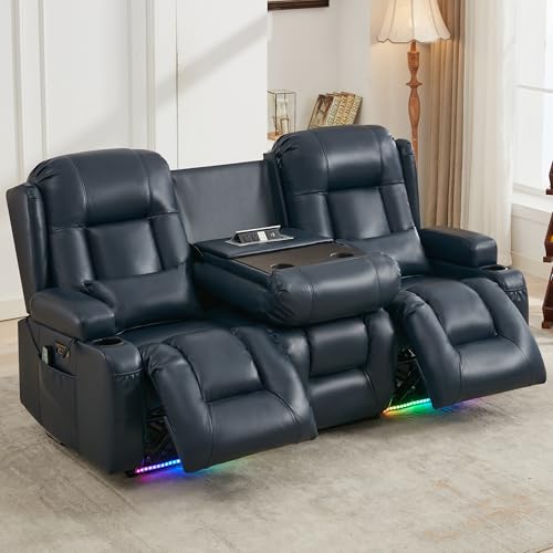 URRED Power Loveseat Recliner Sofa with Massage and Heat, Wall Hugger Reclining Loveseat with Console, RV Couch Home Theater Seating with LED Lights for Living Room (Dark Blue, 76.8" - 3 Seats) - color: Dark Blue, size: 76.8" - 3 Seats
