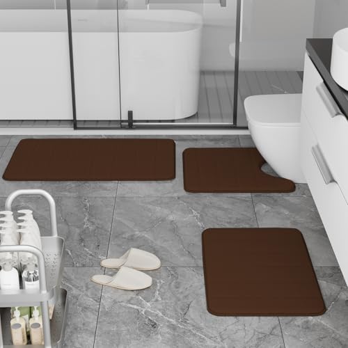 RUN HELIX Brown Bathroom Rugs Memory Foam Bath Mat Set 3 Piece Non-Slip Bath Rugs, Absorbent Shaggy Mats, Machine Wash,Perfect Plush Mats, Bathroom Carpets Set with U-Shaped Toilet Mat-Bedroom Rug - color: Brown