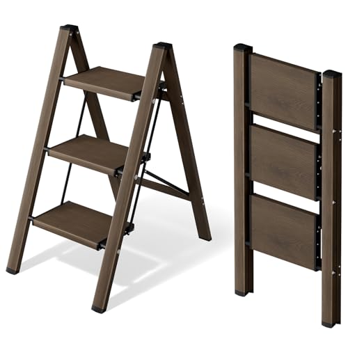 Mayi Plus 3 Step Ladder,Aluminum Folding Step Stool for Adults,Step Ladder with Wide Anti-Slip Pedal,330 lbs Capacity for Home,Office,Kitchen,Library(Walnut) - color: Walnut, size: 3 Step