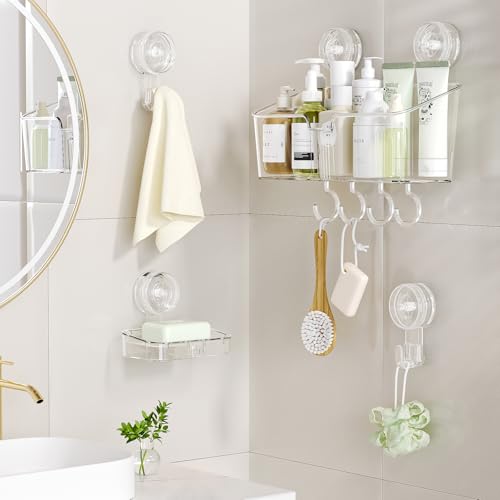 LUXEAR Shower Caddy Suction Cup, No Drilling Strong Hold Shower Organizer with Hooks & Soap Dish Fast Draining Removable Reusable Bathroom Storage Shelf Friendly for Bathroom/Kitchen/RV 22LBS Capacity - color: Clear