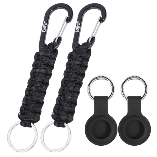 EOTW Paracord Keychain for Men Women Paracord Carabiner Backpack Keychain with Aluminum Clip for Camping Hiking Outdoor Gear - color: 2 Black + 2 Airtag Case Black