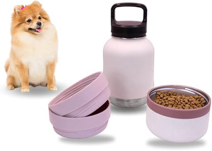 OhmyPet | Pet Water Bottle Station with 3 Bowls and 32oz Bottle, Pink or Blue | for Traveling Hiking Outing - color: Pink