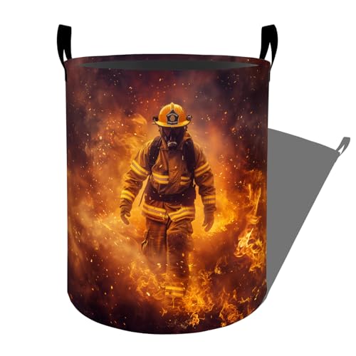 Brave Firefighter Walking Through Flames Laundry Basket with Handles, 19.7"x15.7" Clothes Foldable Laundry Hamper Organizer for Dorm Nursery Bedroom Bathroom Decor, Toy Storage Bin for Kids - style: Firefighter58