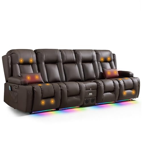 TUNYI Power Loveseat Recliner Sofa with Massage & Heat Home Theater Seating with Console RV Recliner Loveseat Sofa with USB/Storage/Side Pocket/LED Light/Speaker (Brown) - color: Brown, size: 4 Seat with console