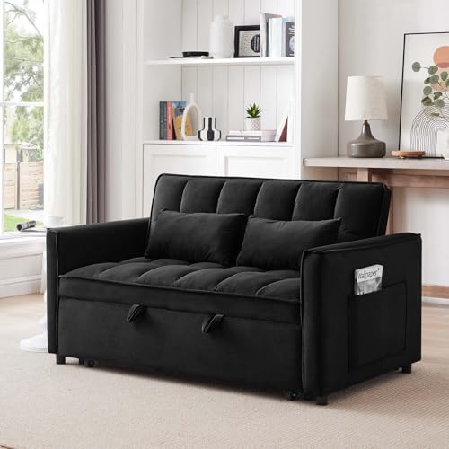 55" 3-in-1 Convertible Love Seat with Adjustable Back, Foldable RV Sofa Bed with Storage Bag, Modern Velvet Pull Out Couch for Small Spaces, Futon Two Seat for Living Room, Apartments(Black, 55") - color: Black, size: 55"