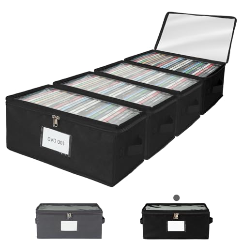 4 Pack Durable Fabric DVD Storage Box with Clear PVC Lid, Holds 25 Standard DVD Cases, Sturdy Non-Woven Fabric with Cardboard Support for Movie Collection, Black - color: Black, size: Standard-4 Pack