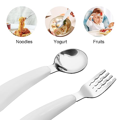 VANRA 2 Pieces Toddler Fork and Spoon Set with Travel Case 18/8 Stainless Steel Toddler Utensils Kids Silverware Children Flatware Child Cutlery Set for School Lunch Box (White) - color: White