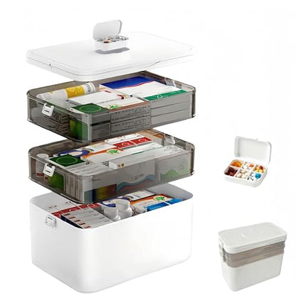 3-Tier Medicine Organizer with Detachable Pill Box, First Aid Kit with Handle, Portable Multipurpose Plastic Medical Box for Home, Travel, and Family Emergencies（White）