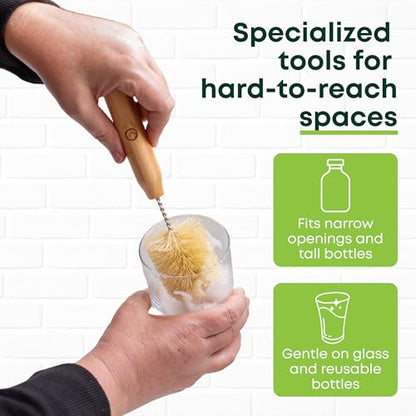 Tieralia Bamboo Dish Brush Set 5 Piece – Eco Friendly Kitchen Cleaning Kit with Bottle Brush, Long Dish Brush, Palm Scrubber & 2 Plant-Based Sponges | Plastic-Free Natural Dish Scrubber