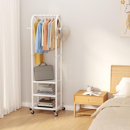 Dttwacoyh Metal Clothing Rack with Wheels and Hanging Hooks,Narrow Coat and Shoe Rack,Small Hall Tree,for Small Space, Bedroom, entryway, Walk-in Closet, Laundry Room- White - color: White