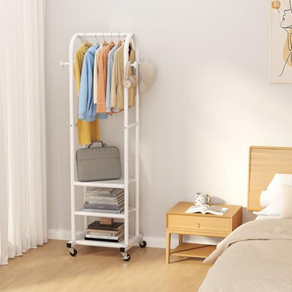 Dttwacoyh Metal Clothing Rack with Wheels and Hanging Hooks,Narrow Coat and Shoe Rack,Small Hall Tree,for Small Space, Bedroom, entryway, Walk-in Closet, Laundry Room- White - color: White