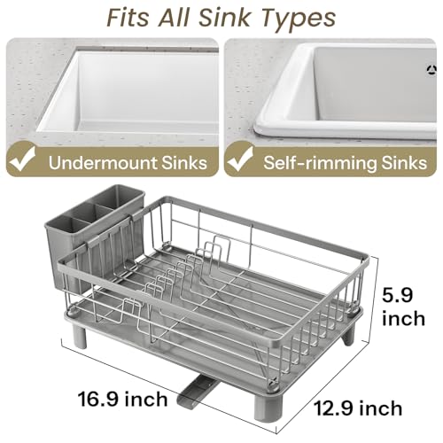 SNTD Dish Drying Rack - Small Dish Rack for Kitchen Counter, Stainless Steel Dish Drainer with Utensil Holder and Drainboard, 12.9" W x 16.9" L (Grey) - color: Gray, size: 12.9" W x 16.9" L
