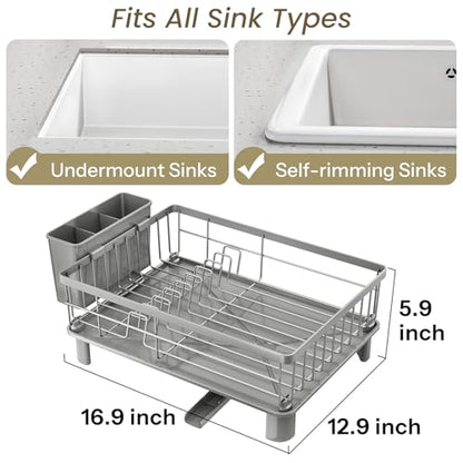 SNTD Dish Drying Rack - Small Dish Rack for Kitchen Counter, Stainless Steel Dish Drainer with Utensil Holder and Drainboard, 12.9" W x 16.9" L (Grey) - color: Gray, size: 12.9" W x 16.9" L