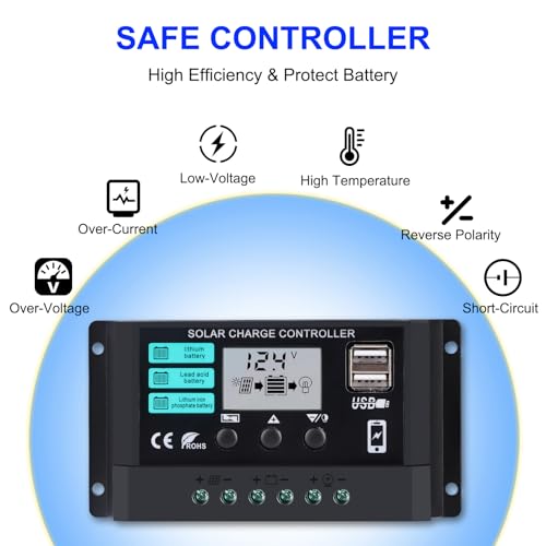 Solar Panel Kit 50W with 10A Charge Controller Monocrystalline Solar Panel Kit with Extension Cable for Car Roof RV Marine Rooftop Farm Battery and Other Off-Grid Applications