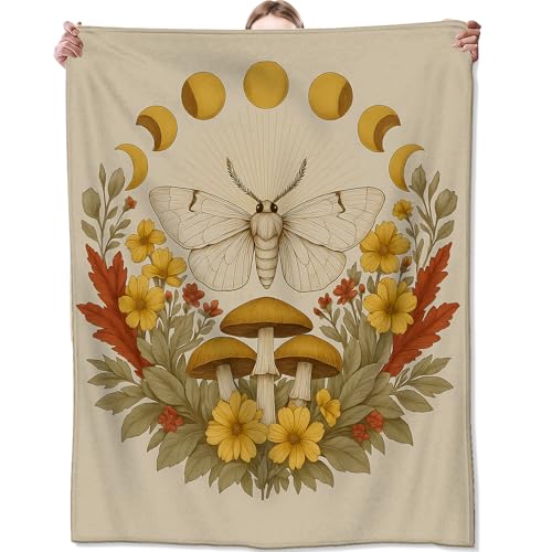 Mystical Moth Blanket, Vintage Mushroom and Moon Phase Blankts, Gifts for Boho Lovers, Home Dorm Cabin Pet Area Picnic and Travel Decor, Soft Cozy Lightweight Flannel Throw, 40"x50" - color: Moth, size: 40x50 inch