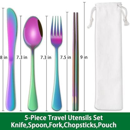 Rainbow Working Lunch Silveware Set,Reusable Travel Utensils Set With Case Includes Stainless Steel Chopsticks Knife Spoon And Fork,Camping Picnic Essentials - color: Rainbow