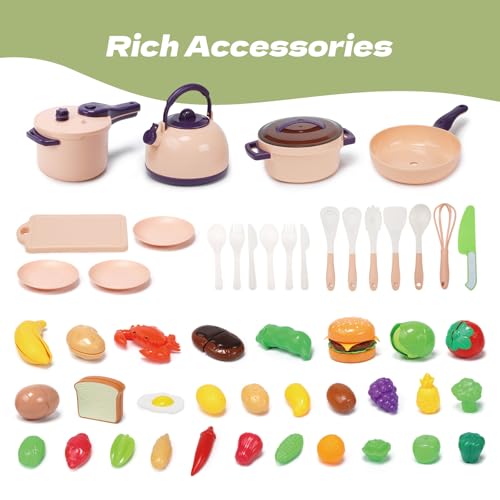 CUTE STONE 51-Piece Mini Play Kitchen Accessories for Kids, Pretend Cooking Playset with Pots, Pans, Utensils, Cutting Fun Fruits & Veggies, Learning Gift for Toddlers, Girls & Boys - style: Purple Cooking Set