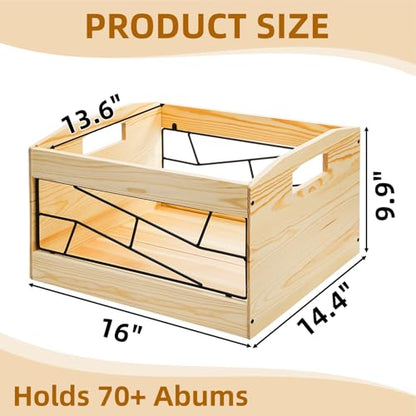 Covzoe Vinyl Record Storage Crate, Wooden Album Holder with Handle, Holds up to 70+ Albums, Natural Cube CD Albums Shelf Organize Box, File Organizer Rack for Desktop, Home, Office