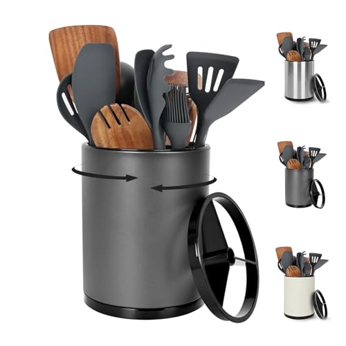 Nigelia Extra Large Kitchen Utensil Holder - 360° Rotating Stainless Steel Cooking Utensil Holder for Countertop, 3 Compartment Flatware Organizer & Utensil Caddy with Removable Base（Grey） - color: Grey, size: Large