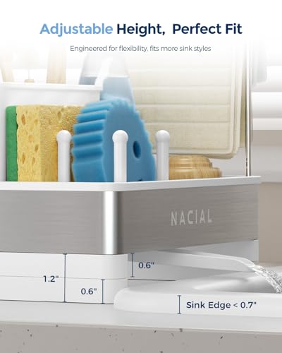 Nacial Sponge Holder for Kitchen Sink, Sink Caddy Organizer with High Brush Holder & Two Towel Racks - Rustproof 304 Stainless Steel Kitchen Countertop Storage Essentials - White - color: White