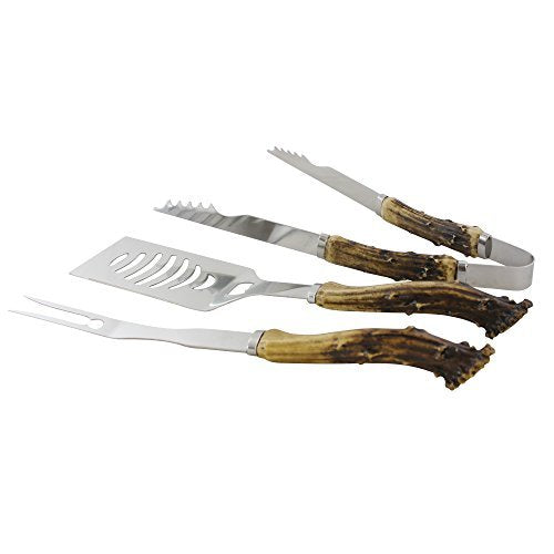 Pine Ridge Antler Handle Grilling Set for BBQ Outdoors Style Cooking and Grill, 3 Piece