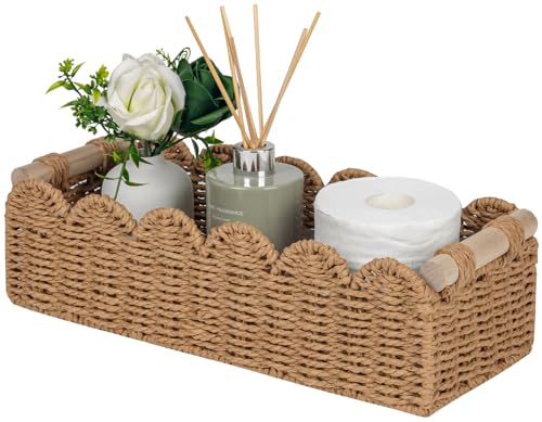 CubesLand Paper Rope Scalloped Edge Toilet Paper Storage Basket, Small Living Room, Bedroom Decor Baskets for Over Toilet Storage Shelf, End Table, Shelves and More, with 2 Wooden Handle, Neutral - color: Neutral, size: m - 14 X 6.3 X 3.9in