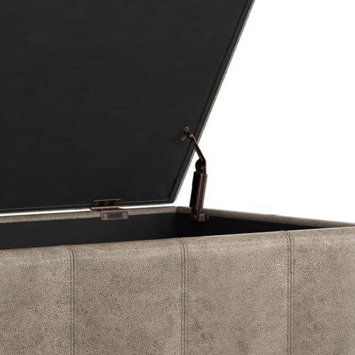 SIMPLIHOME Dover Storage Ottoman Bench - 36 inch Wide Upholstered Vegan Leather Rectangular Lift-Top Ottoman in Distressed Smoky Grey Brown, Contemporary Bench for Living Room with Safety Hinges - color: Distressed Smoky Grey Brown