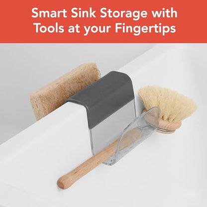 Spectrum Sink Saddle for Kitchen Sink Gray Slate Tint Sponge and Brush Holder Organizer, Dish Brush and Sponges Plastic Saddle Caddy for Double Sink Storage with Drain Holes for Quick Drying