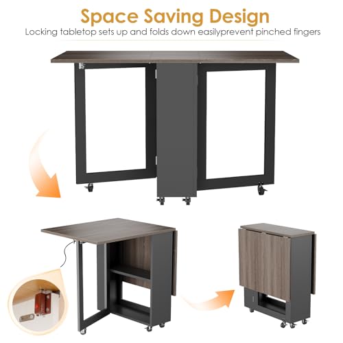 LotFun Folding Dining Table with 2 Storage Racks, Space Saving Dining Table with 6 Wheels, Kitchen Table for Small Spaces - color: Grayish Black + Gray Wood Grain