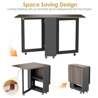 LotFun Folding Dining Table with 2 Storage Racks, Space Saving Dining Table with 6 Wheels, Kitchen Table for Small Spaces - color: Grayish Black + Gray Wood Grain