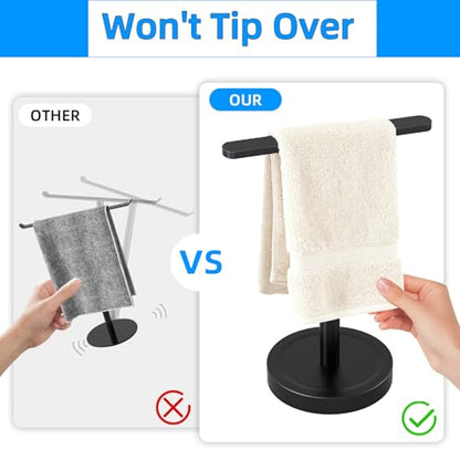 Heavy Duty Hand Towel Holder Stand, Stainless Steel Hand Towel Holder Rack for Bathroom Countertop, Weighted Base T-Shape Free Standing Towel Bar for Bathroom Kitchen Vanity Countertop, Matte Black - size: T-Shape