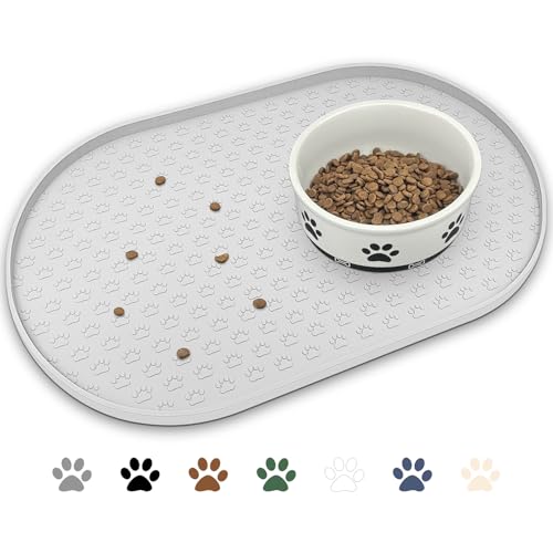 KPWACD Dog Food Mat Anti-Slip Bowl Mats for Food and Water, High-Lips Waterproof Pet Placemat Prevent Messy Spills to Floor, Silicone Puppy Feeding Trays for Large Medium Small Dogs Cats - color: Light Grey, size: 19"L x 12"W