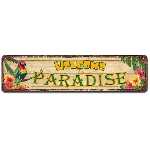 Welcome to Paradise Sign, Decorative Wall Art, Home Party Summer Decor, Hawaiian Parrot Outdoor Decor Metal Tin Sign 4x16 Inches - color: V-101