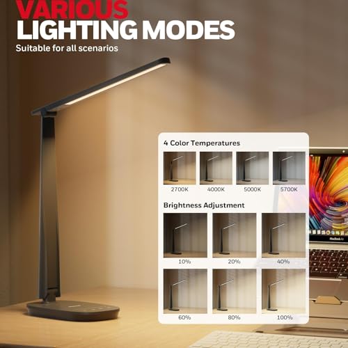 Honeywell HWT-H2 LED Desk Lamp for Home Office, CRI94 Full Spectrum Eye-Caring Light, Dimmable Table Lamp with USB-A & USB-C Charging Ports, Foldable Touch Control Reading Lamp, Black - color: Black