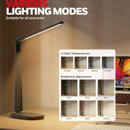Honeywell HWT-H2 LED Desk Lamp for Home Office, CRI94 Full Spectrum Eye-Caring Light, Dimmable Table Lamp with USB-A & USB-C Charging Ports, Foldable Touch Control Reading Lamp, Black - color: Black
