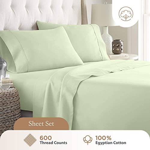 Olympic Queen Sheets Set, 100% Egyptian Cotton, Luxury 600 Thread Count, 4 Pc Super Queen Sheets Sets, Soft & Breathable, Snug Fit, 16" Deep Pocket Fitted Sheet, 2 Pillowcases & 1 Flat Sheet, Sage - color: Sage, size: Olympic Queen (66 x 80)