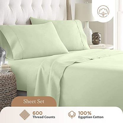 Olympic Queen Sheets Set, 100% Egyptian Cotton, Luxury 600 Thread Count, 4 Pc Super Queen Sheets Sets, Soft & Breathable, Snug Fit, 16" Deep Pocket Fitted Sheet, 2 Pillowcases & 1 Flat Sheet, Sage - color: Sage, size: Olympic Queen (66 x 80)
