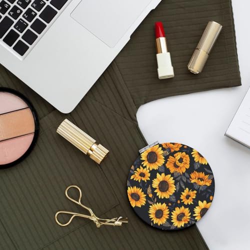Sunflower Style6 Print Foldable Travel Pocket Mirror Round PU Leather Portable Mini Makeup Double Sided Handheld Magnifying,2.6 in - color: Sunflower Style6