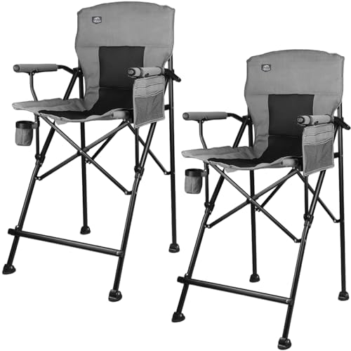 LANMONTAIN 2 Pack Tall Folding Camping Chairs,30.7'' Seat Height Portable Hard Arm Bar Chairs w/Cup Holder,Side Mesh Pocket and Footrest,Heavy Duty Support 350 Lbs Comfy Director Chairs,Black&Grey - color: Black&grey 2 Pack