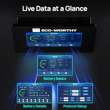 ECO-WORTHY 48V LiFePO4 Battery Monitor with 4.3" Touchscreen, RS232 Interface, Compatible with ECO-WORTHY 48V 100Ah Server Rack Series, Solar DIY Systems, ESM100